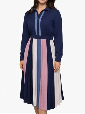 1901 Pleated Midi Dress Size Medium Multicolor Long Sleeve Collared Dress